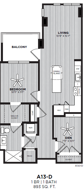 Floor plan for 1 bed, 1 bath, 893 sqft